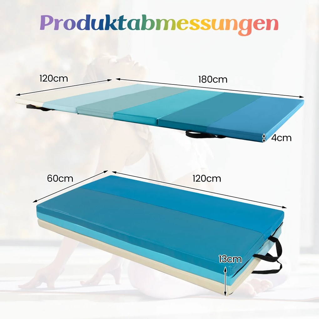 Tapete dobrável para ginástica portátil 183 cm, tripla dobragem com capa de pele sintética e acolchoamento de espuma EPE com alça Azul