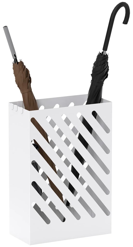 HOMCOM Suporte para Guarda-Chuvas de Aço Galvanizado com Bandeja de Gotejamento Removível 4 Ganchos Design de Elegante para Entrada Corredor Escritório 28x14x41 cm Branco