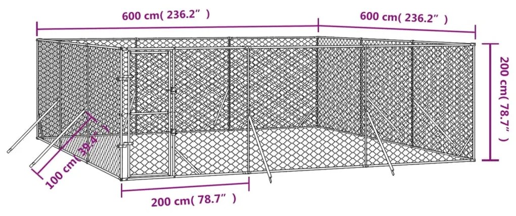 Canil de exterior 6x6x2 m aço galvanizado prateado