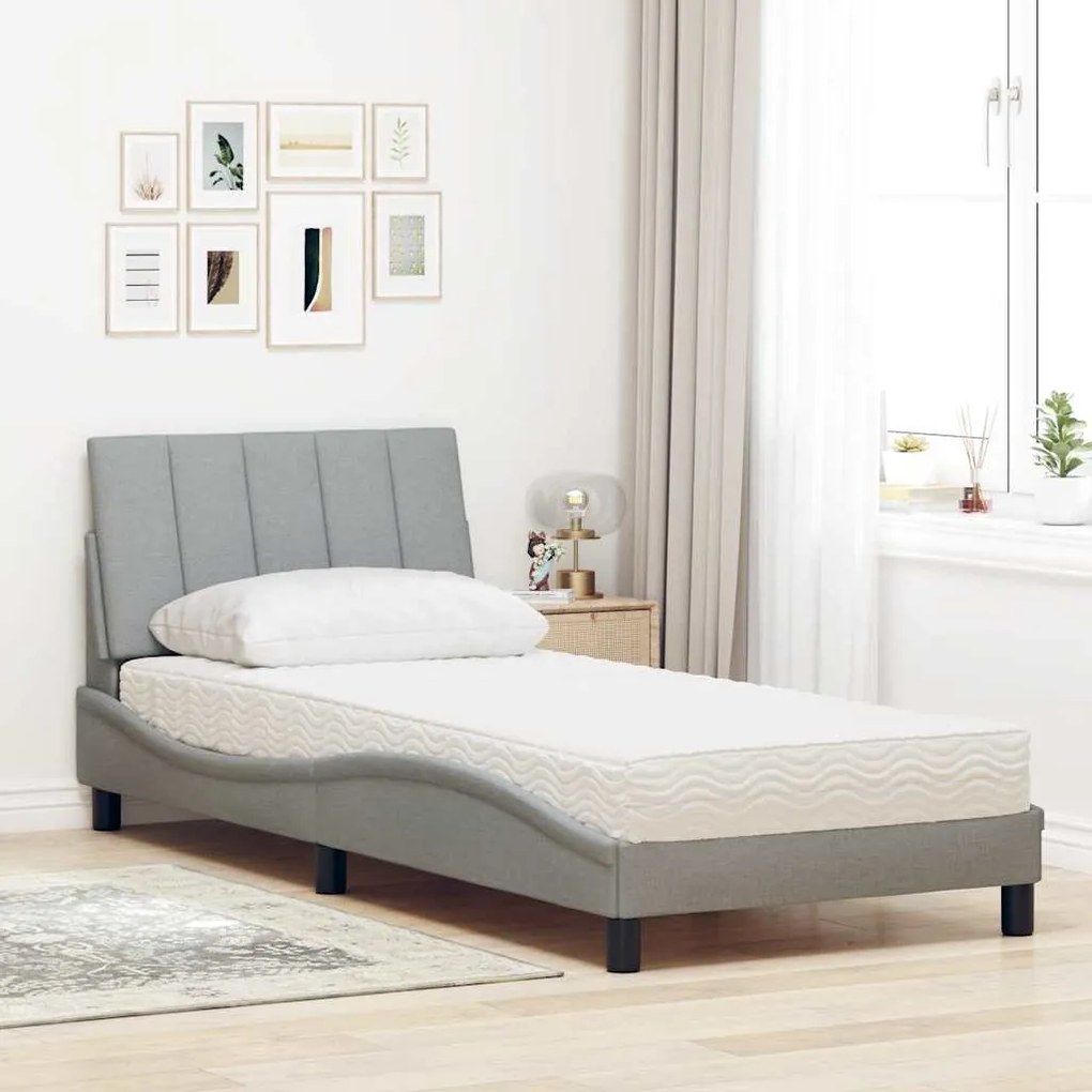 Cama com colchão 90x190 cm tecido cinzento-claro