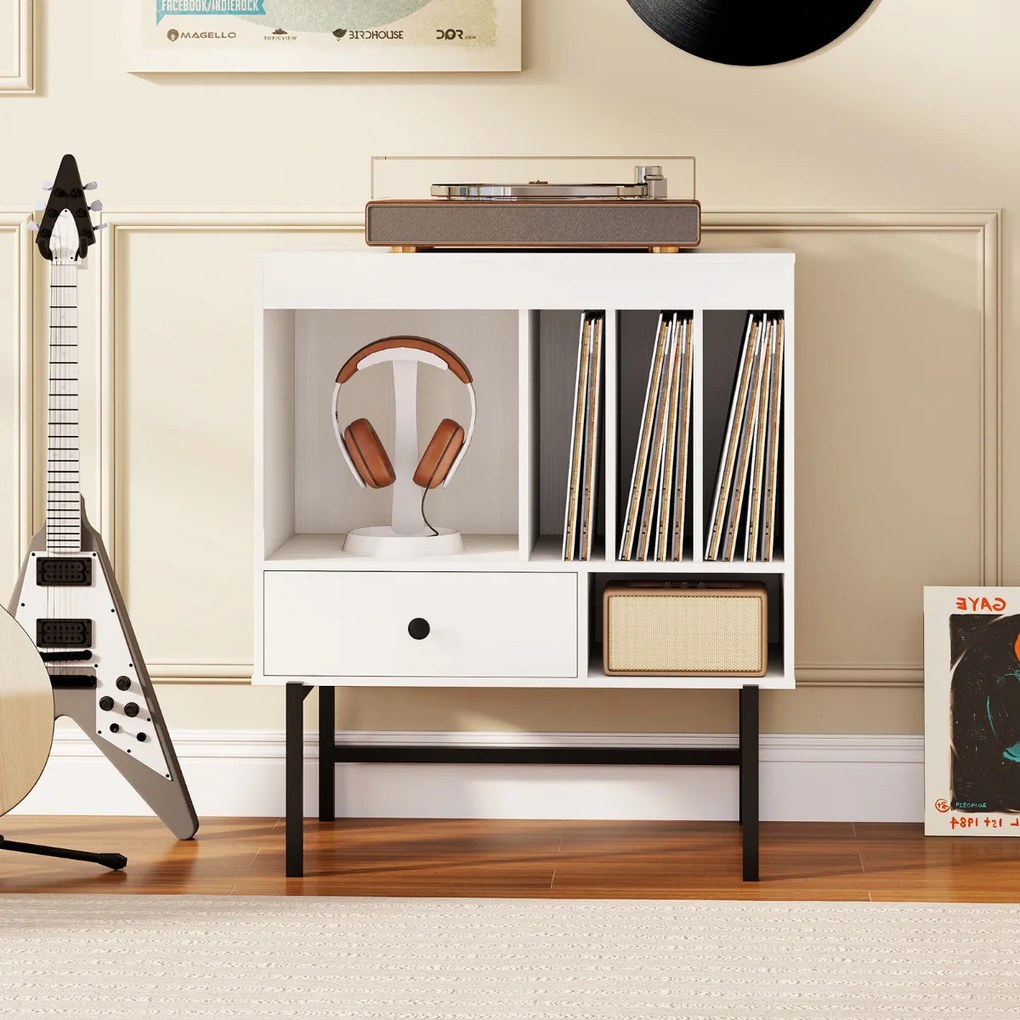 Suporte grande para gira-discos e discos de vinil de meados do século com compartimentos abertos para álbuns Branco