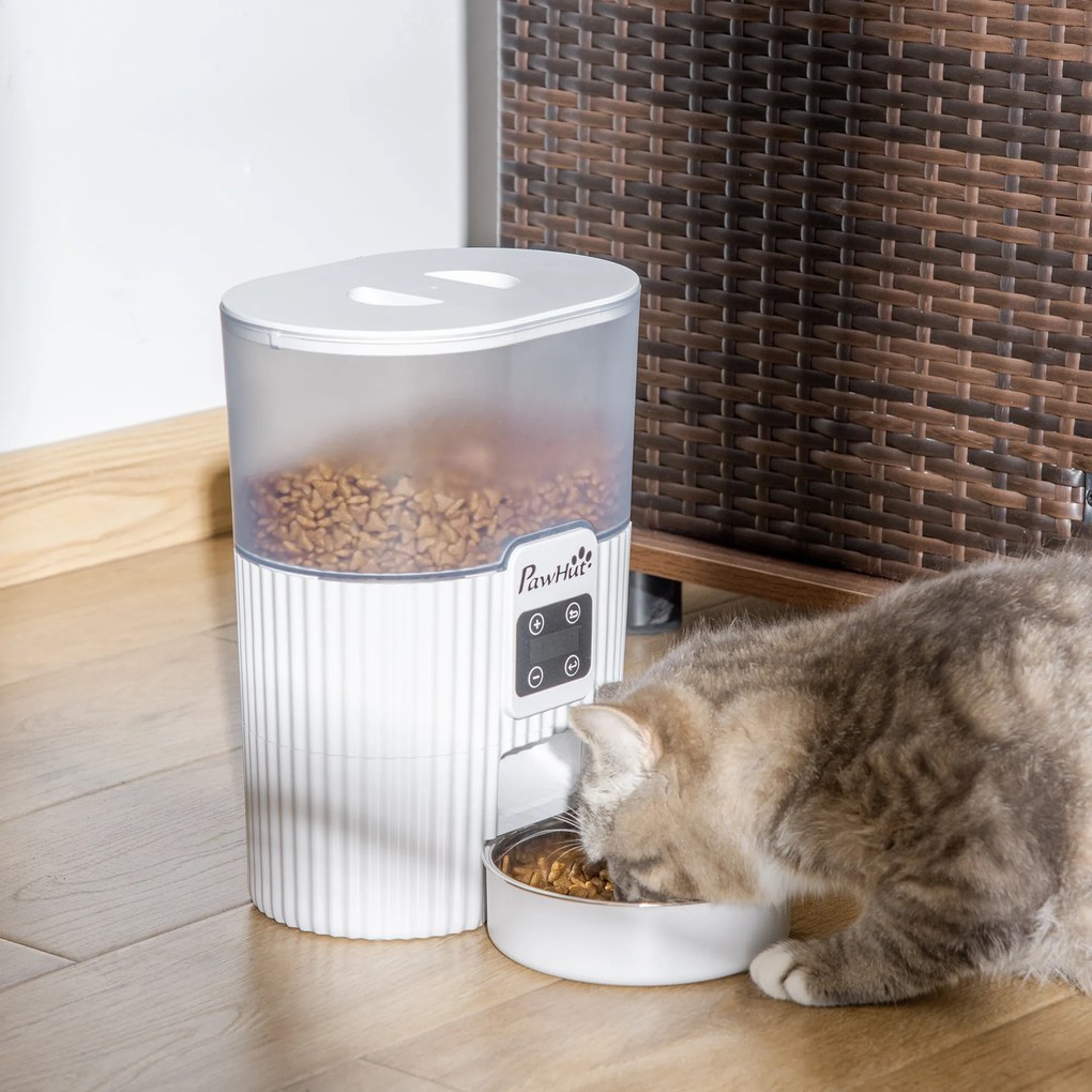 PawHut Comedouro Automático para Cães e Gatos 3,5L com Ecrã LED Temporizador Gravador de Voz Programável 4 Refeições ao Dia Tigela Removível e Lavável 20,5x25x28cm Branco