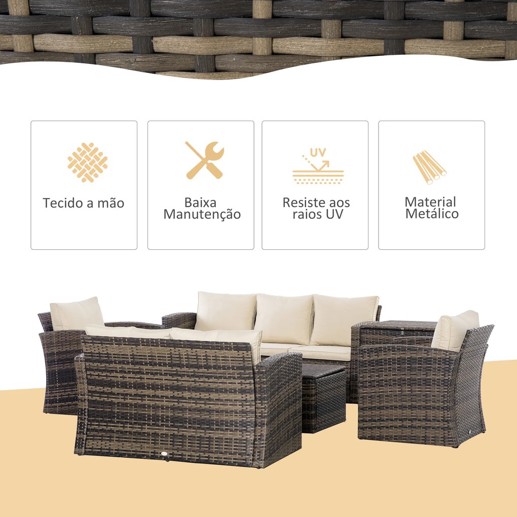 Conjunto de Jardim Exterior de Vime 6 Peças Almofadas Sofá de Dois Lugares Sofá de Três Lugares 2 Cadeiras 2 Mesas Auxiliares Cáqui