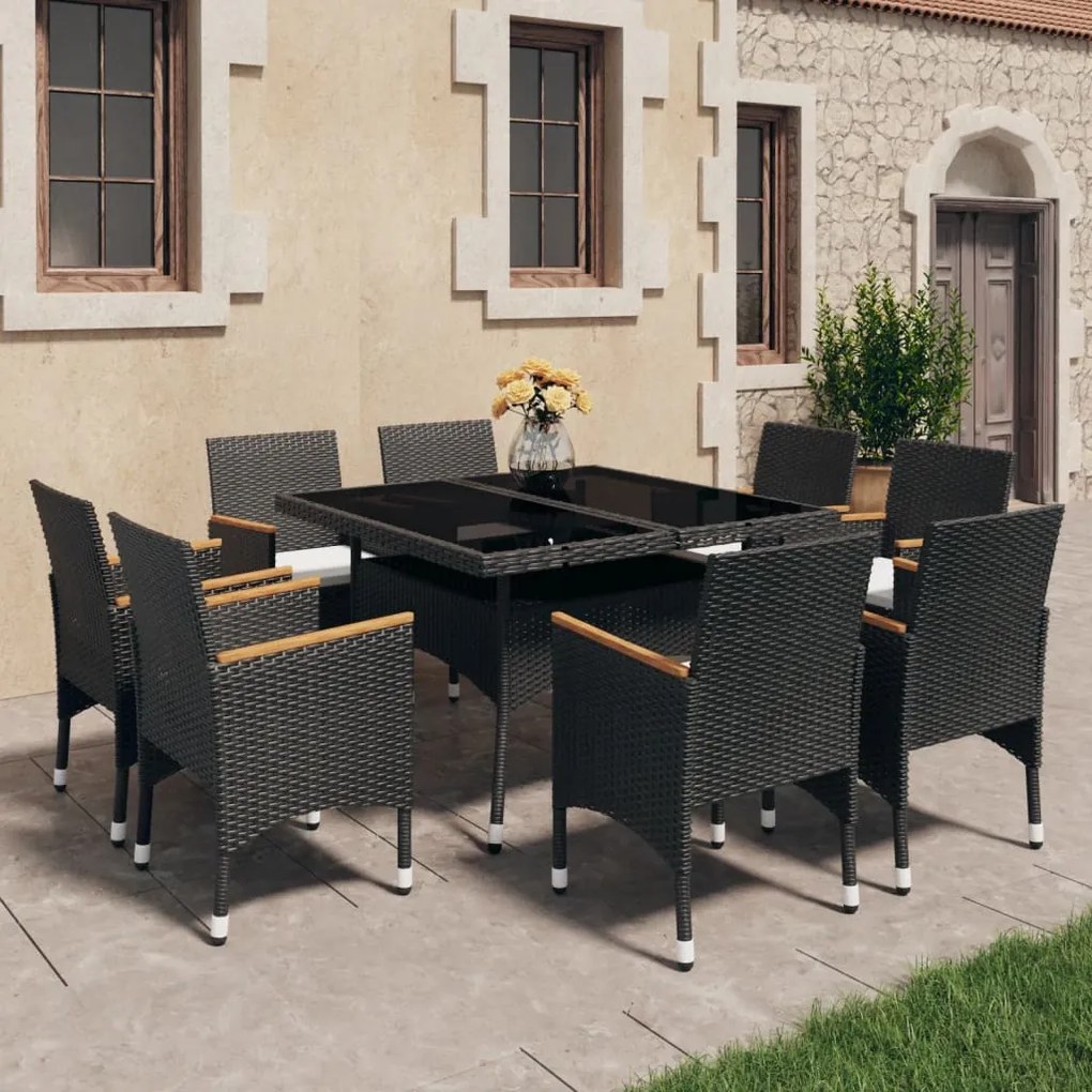 vidaXL 9 pcs conj. jantar p/ jardim vime PE e madeira de acácia preto