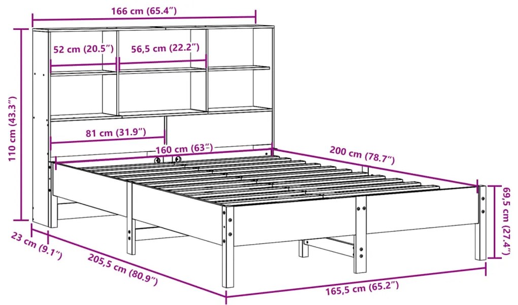 Cama com estante sem colchão 160x200 cm pinho maciço