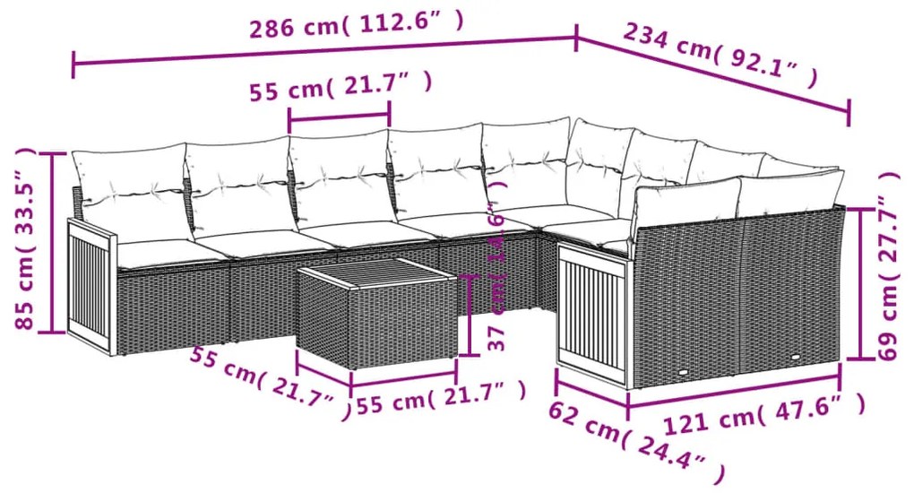 10 pcs conjunto de sofás p/ jardim com almofadões vime PE bege