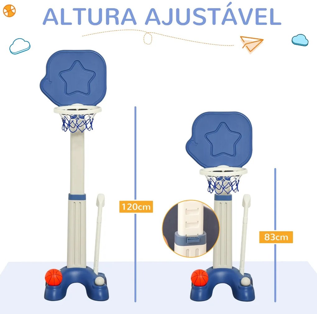 Cesta de Basquetebol 2 em 1 Jogo de Golf para Crianças acima de 2 Anos Aro com Altura Ajustável de 83-120cm Bolas e Taco de Golf 46x41x116-153cm Azul