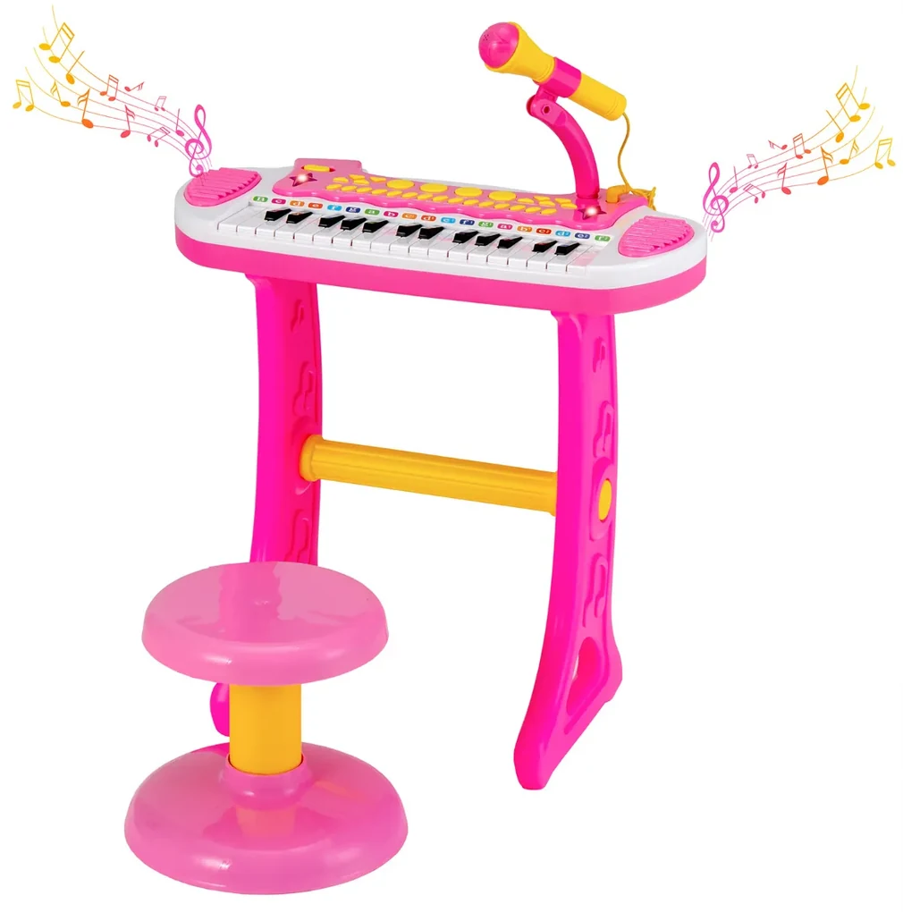 Piano Infantil Rosa Teclado Musical Com Sons De Bichinhos Bichos