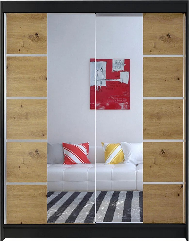 Roupeiro Closico 146, Preto, Carvalho Artisan, 200x150x58cm, 125 kg, Portas para roupeiro: Deslizante, Número de prateleiras: 5, Número de prateleiras: 5