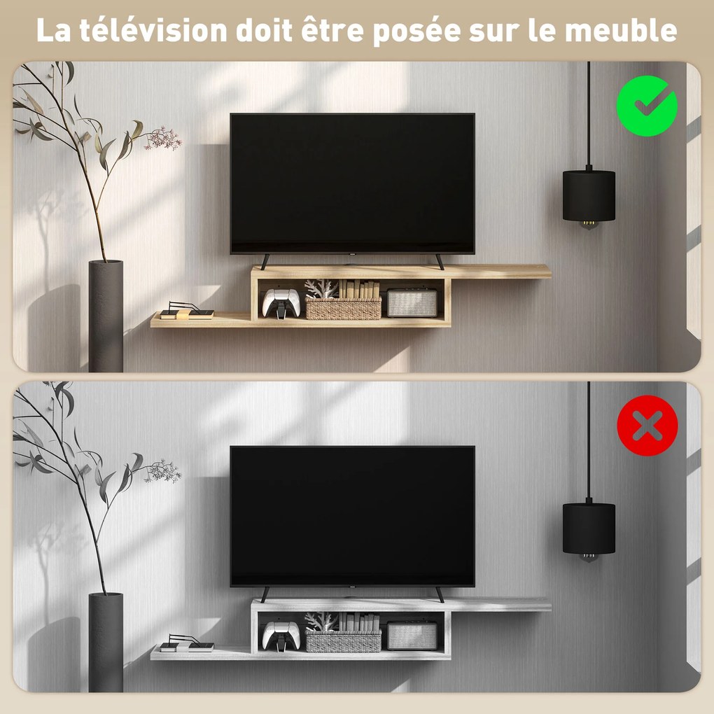 Móvel de TV de Parede Flutuante, 152 x 29 x 21 cm, Com 2 Passa-Fios, cor Carvalho Claro