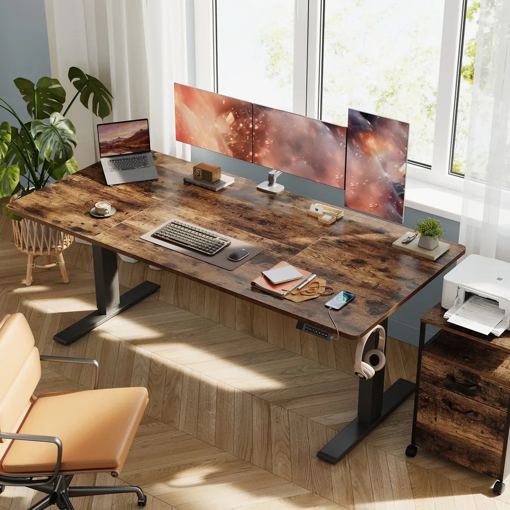 Secretária elétrica com regulação elétrica da altura, 180 x 80 x (72-120) cm, com porta USB-C castanho