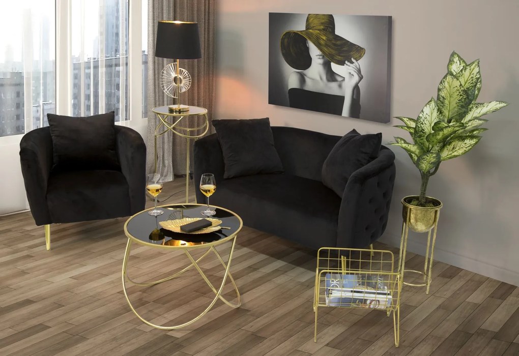 Poltrona "Bucarest" - 76 x 74 x 71 cm - Preto e Dourado | Em Veludo co