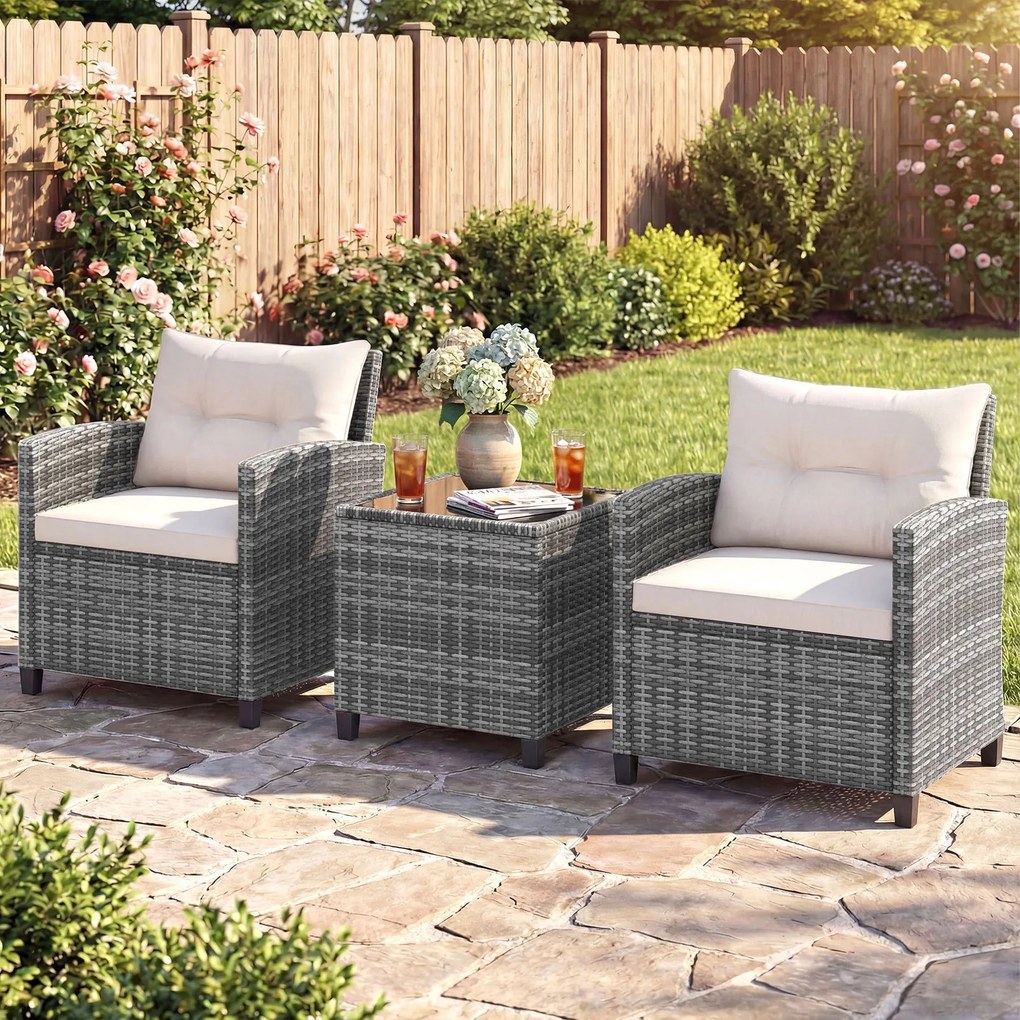 Conjunto de jardim de 3 peças, composto por cadeiras de rattan e mesa com tampo de vidro temperado para pátio, rattan em mistura de cinzento com almof
