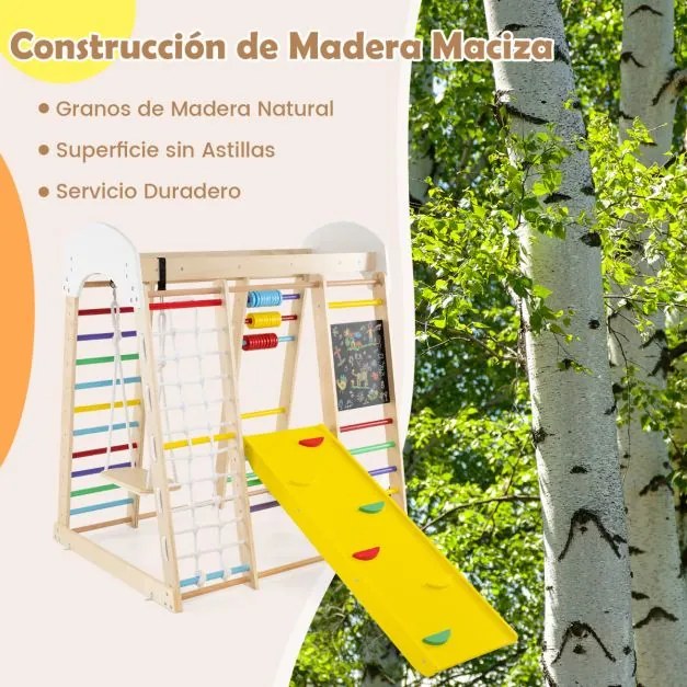 Conjunto de escalada 7 em 1 para crianças Centro de atividades em madeira com rochas para escalar e escada Rede de escalada e baloiço para crianças co