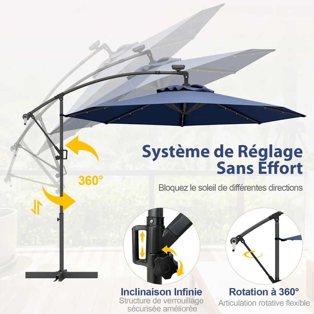 Guarda-sol de 300 cm com 32 luzes LED solares e guarda-chuva de jardim com manivela, guarda-chuva de mercado laranja