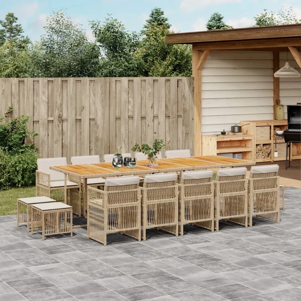 vidaXL 15 pcs conjunto de jantar p/ jardim com almofadões vime PE bege
