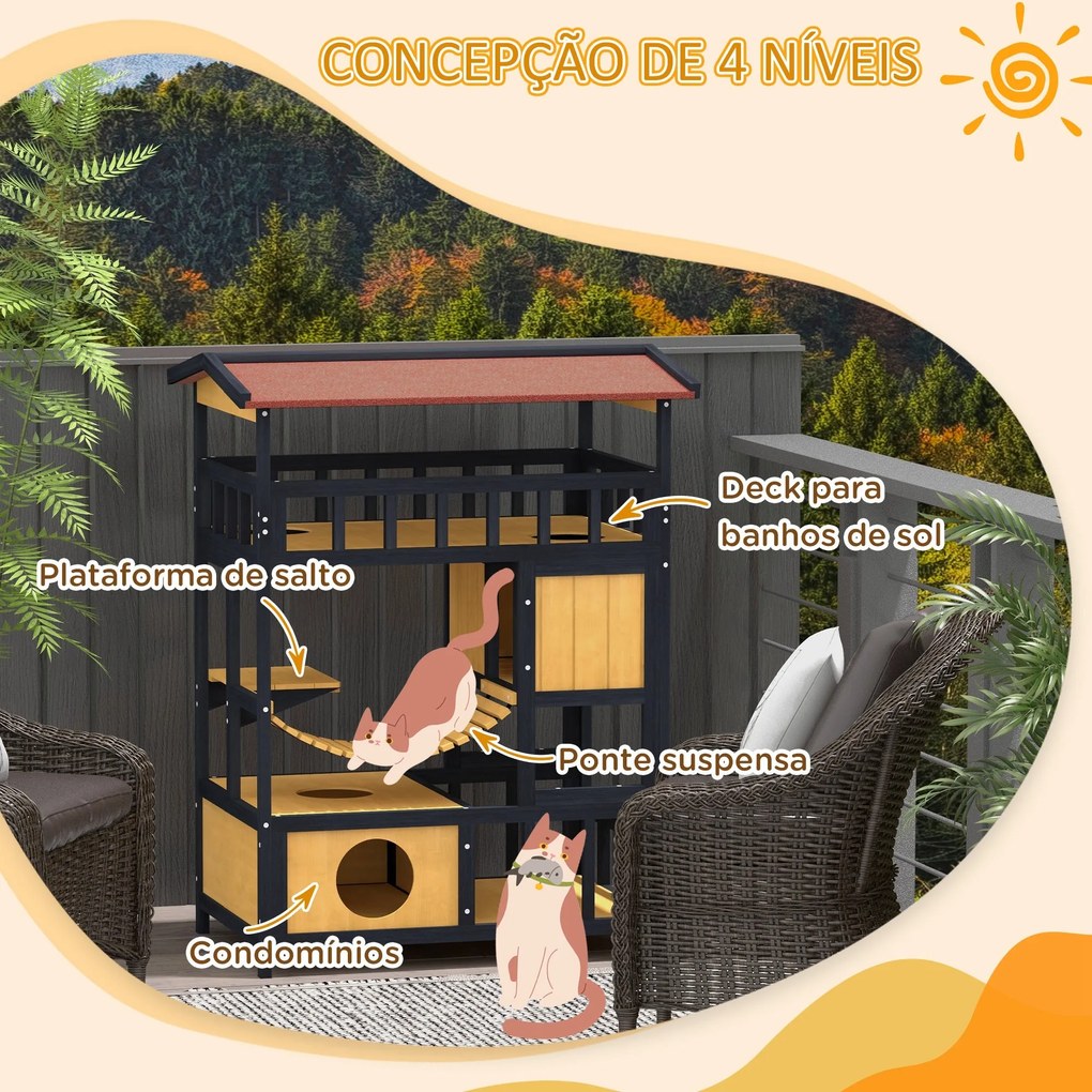PawHut Casa para Gatos de Madeira 84x60x116 cm Abrigo para Gatos de 4