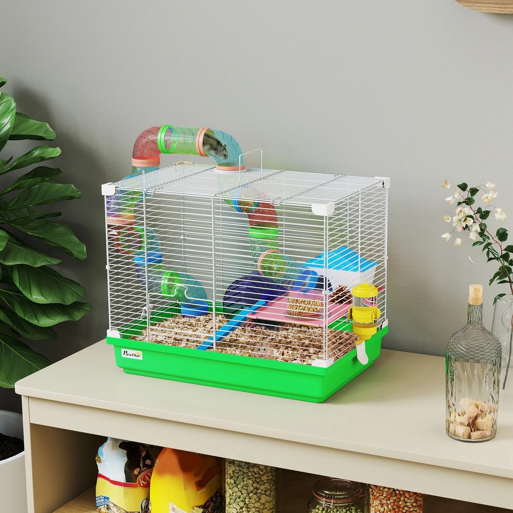 Gaiola para Hamster com Túnel Prato Bebedouro Casinha Rampa Roda de Exercício Bandeja Removível 46x30x37 cm Verde