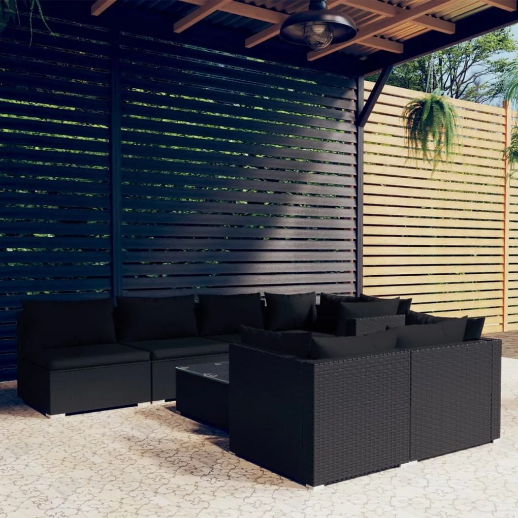 vidaXL 8 pcs conjunto lounge de jardim c/ almofadões vime PE preto