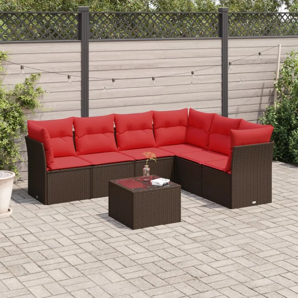 vidaXL 7 pcs conjunto de sofás jardim c/ almofadões vime PE castanho