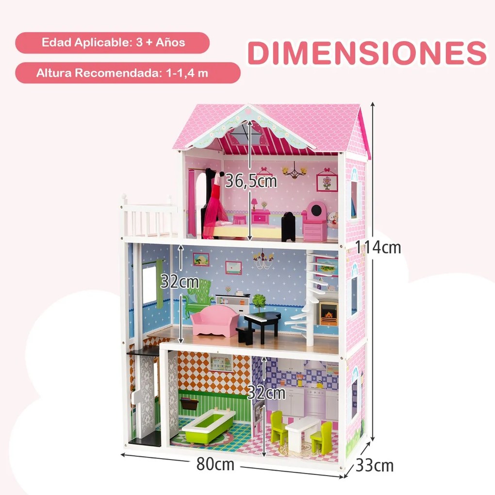 Casa de bonecas em madeira para crianças a partir dos 3 anos com elevador, mesa giratória, escadaria, quartos e acessórios 80 x 33 x 114 cm cor-de-ros