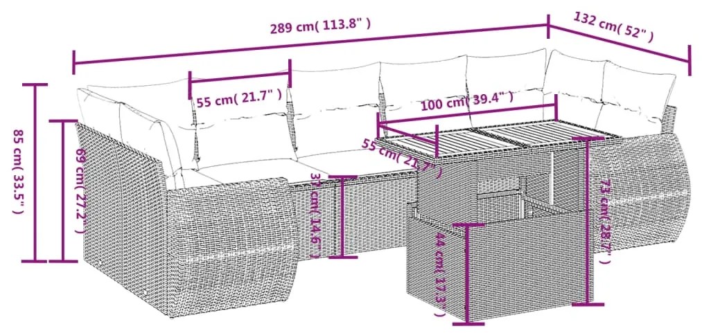 8 pcs conjunto sofás de jardim com almofadões vime PE preto