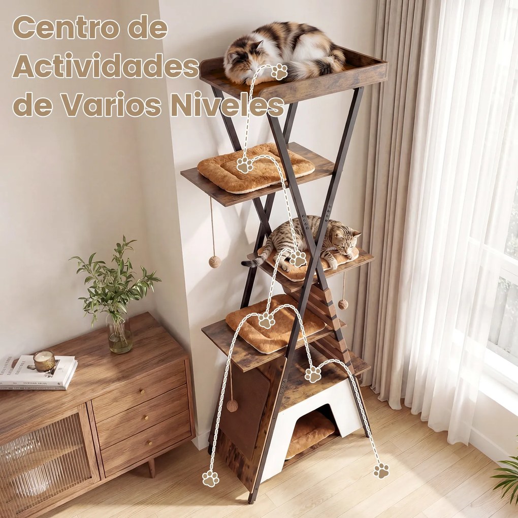Arranhador para gatos de 185 cm, com vários níveis, 4 plataformas, almofadas, caverna, tapete para arranhar, elásticos e bolas suspensas, em Castanho