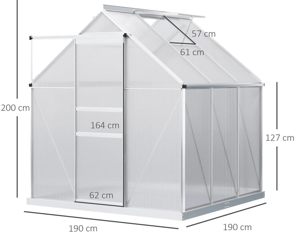 Outsunny Estufa de Jardim de Policarbonato e Alumínio Estufa de Exterior com Porta Corredeira e 2 Clarobóias para Cultivo de Plantas Sementes 190x190x200cm Transparente