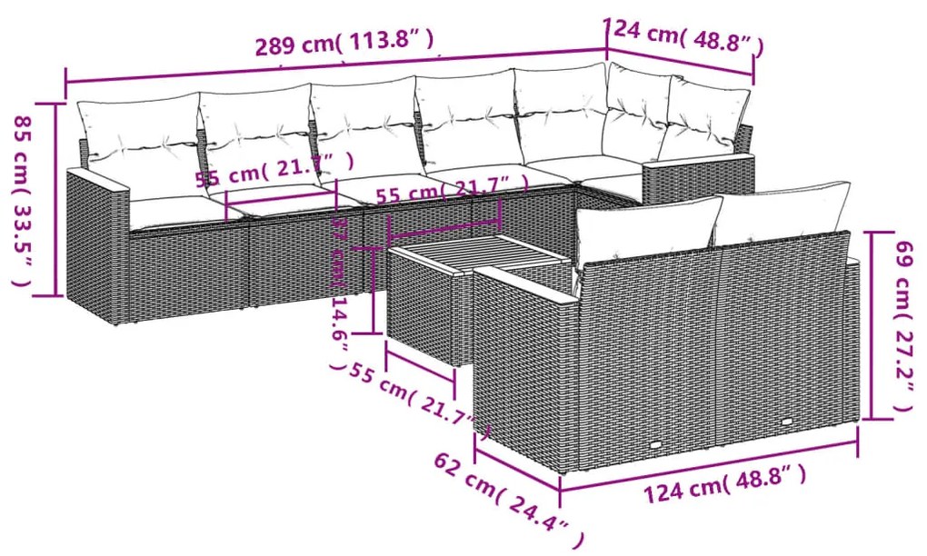 9 pcs conjunto de sofás p/ jardim com almofadões vime PE bege