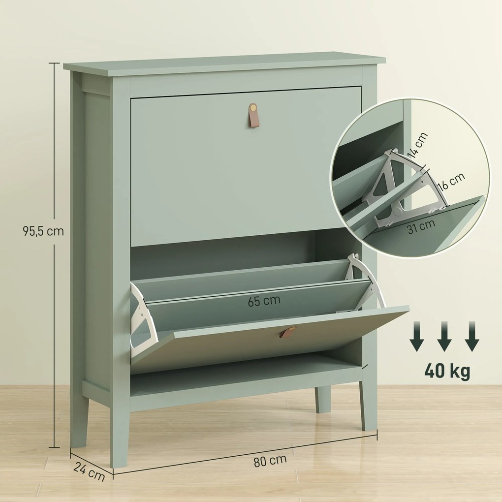 Sapateira com capacidade para 14 pares 80 x 24 x 95,5 cm, com 2 gavetas rebatíveis, prateleiras removíveis e ajustáveis, verde