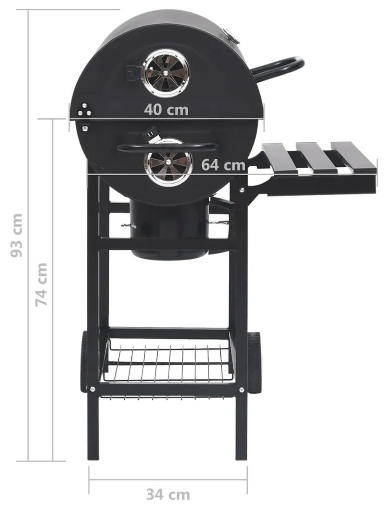 Churrasqueira barril c/ rodas e prateleiras 115x85x95cm aço preto