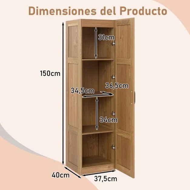 Armário Despensa 38 x 40 x 149 cm com 4 níveis e porta para cozinha e sala de estar Natural