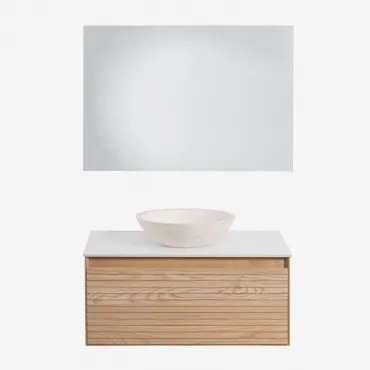 Conjunto De Móvel De Casa De Banho Suspenso Em Madeira De Freixo Tedrik Castanho Fresno & Cimento Redondo Branco Ø40 Cm Zavion & Led - Sklum