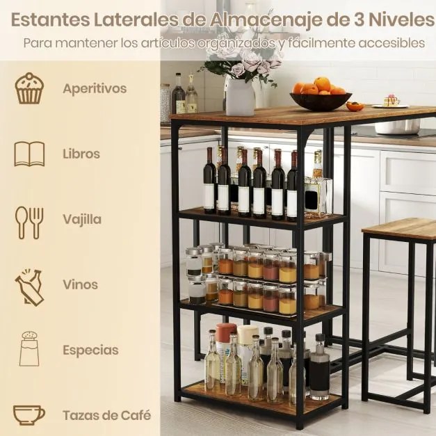 Conjunto de mesa de bar de 3 peças para 2 pessoas com 2 bancos 3 prateleiras Conjunto de móveis de bar Café