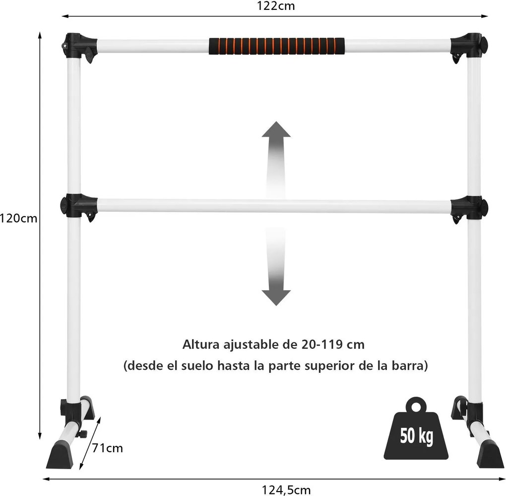 Barra dupla para ballet portátil com altura ajustável para meninas Adultos Fitness Dançar Alongar músculos 124,5 x 71 x 120 cm Prata