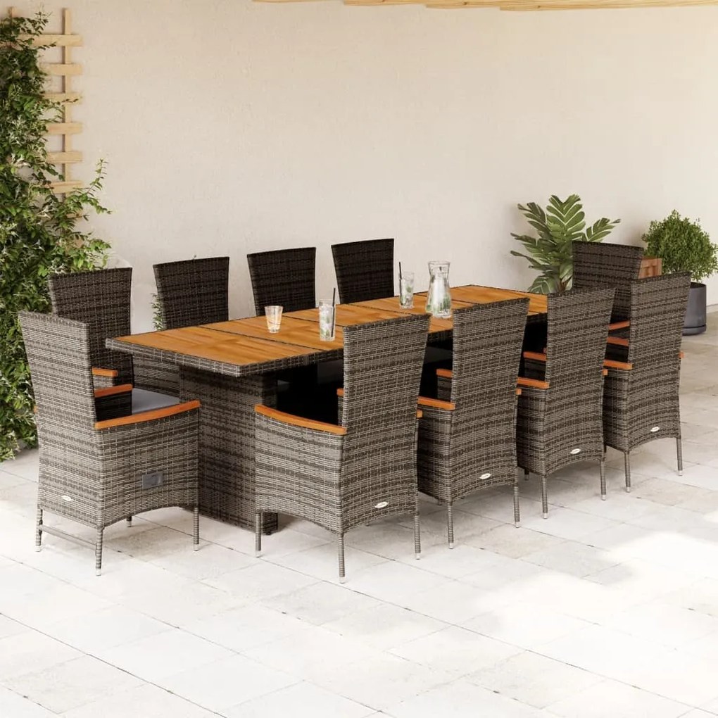 vidaXL 11 pcs conjunto jantar p/ jardim c/ almofadões vime PE cinzento