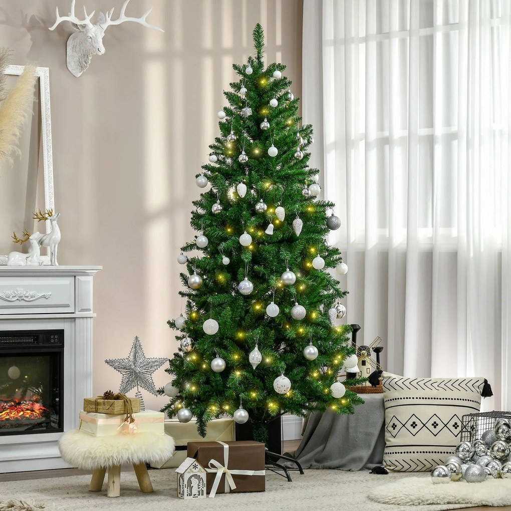 Árvore de Natal Artificial Altura 180cm Ignífugo com 714 Ramos 200 Luzes LED IPX2 8 Modos Folhas de PVC Base Dobrável e Suporte Metálico Decoração de