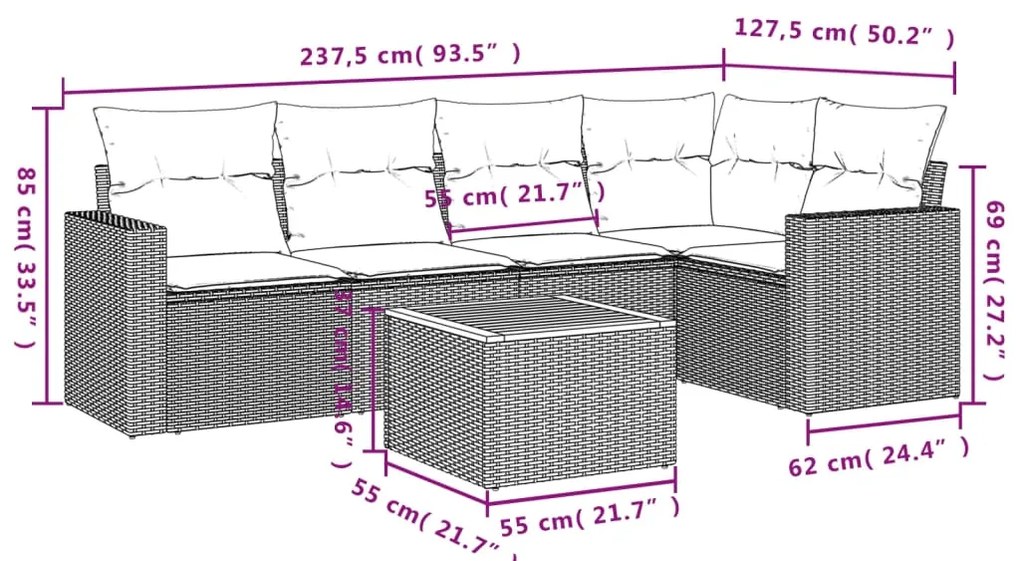 6 pcs conjunto de sofás p/ jardim com almofadões vime PE bege