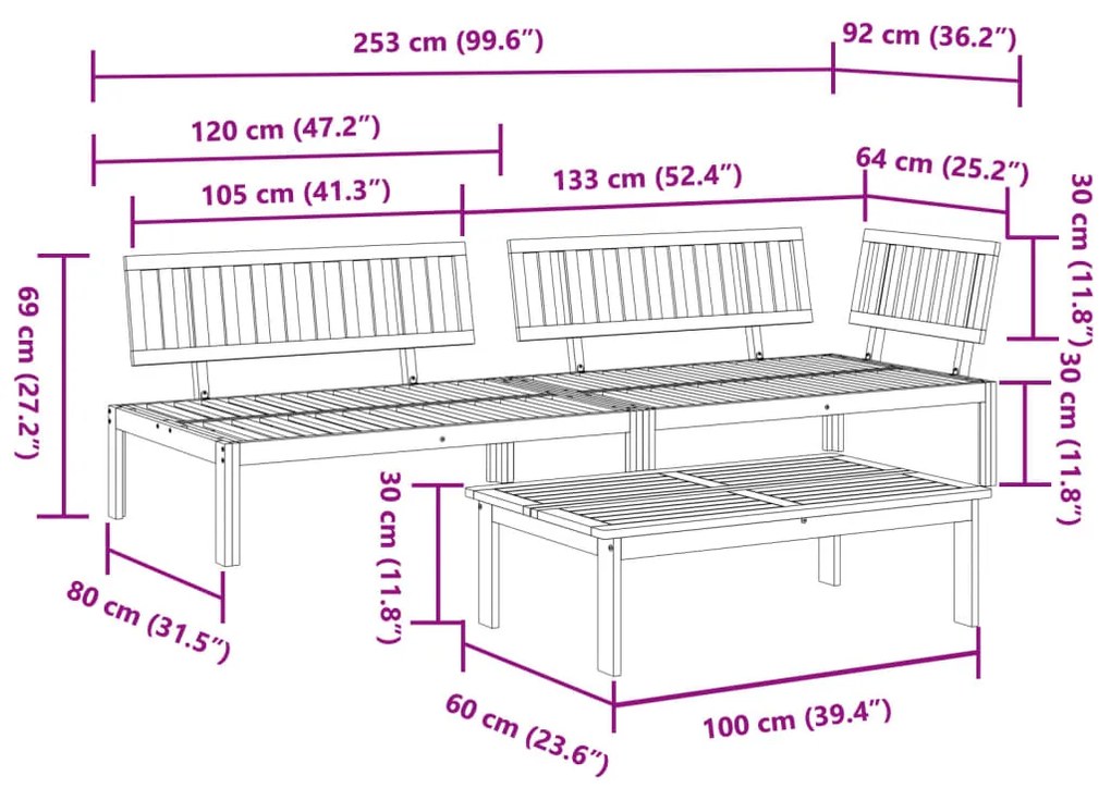 3 pcs conjunto de móveis de paletes p/ jardim acácia maciça