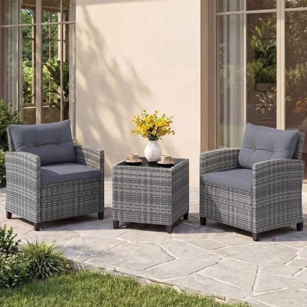 Conjunto de Jardim de 3 peças em rattan com almofadas macias e mesa em vidro temperado para varanda, alpendre ou jardim - cinzento