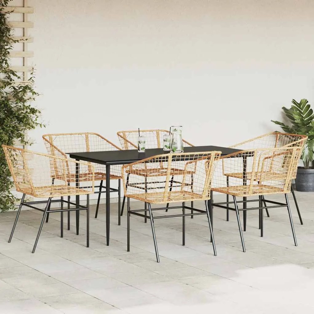 Conjunto jantar jardim 7 peças vidro vime PE castanho