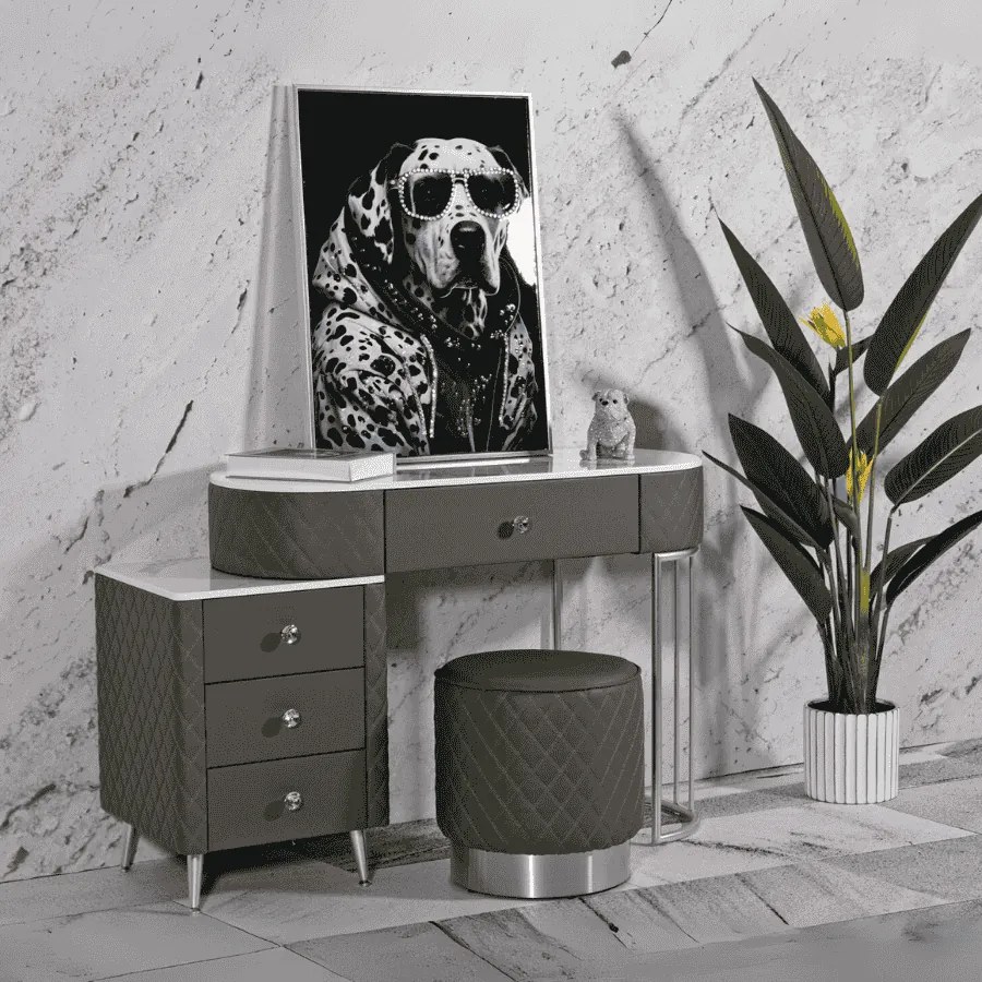TOUCADOR SHARON COM BANCO 120X40X75 CM (TAMANHO DO BANCO Ø36X39) CINZA E PRATEADO
