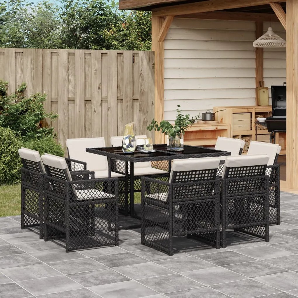 vidaXL 9 pcs conjunto de jantar p/ jardim c/ almofadões vime PE preto
