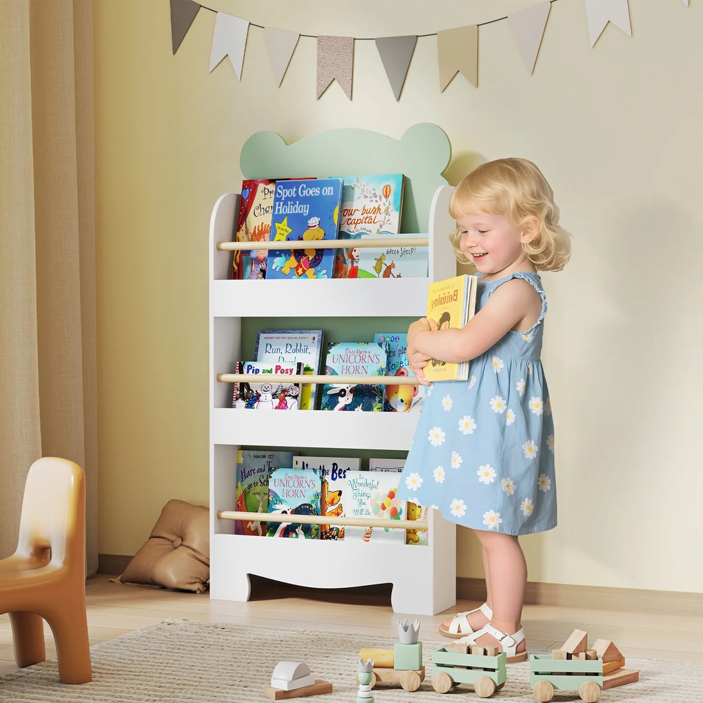 Estante infantil 55 (L) x 15 (P) x 110 (A) cm, organizador de livros infantil de 3 níveis para sala de jogos, quarto de criança, branca verde