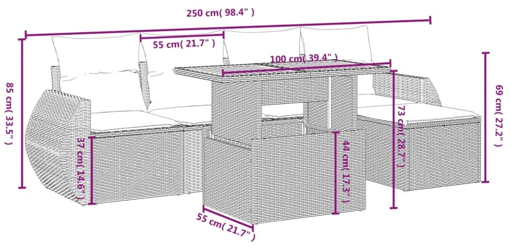 6 pcs conjunto sofás de jardim c/ almofadões vime PE preto