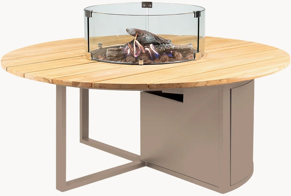 Mesa de centro redonda para exterior com lareira e tampo em madeira de teca Cosiloft