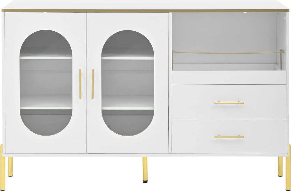 Aparador com 2 gavetas e 2 portas de vidro, amplo espaço de arrumação, 140x38x90 cm, Branco