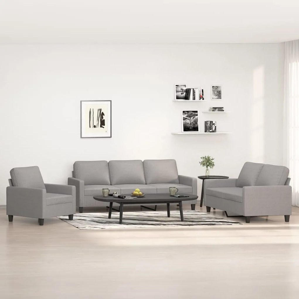 vidaXL 3 pcs conjunto de sofás com almofadões tecido cinzento-claro