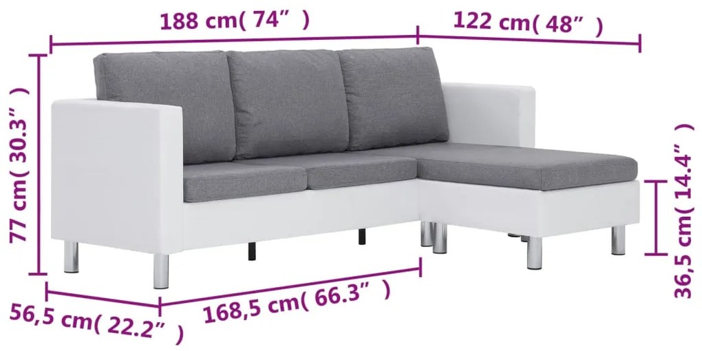 Sofá de 3 lugares com almofadas em couro sintético branco