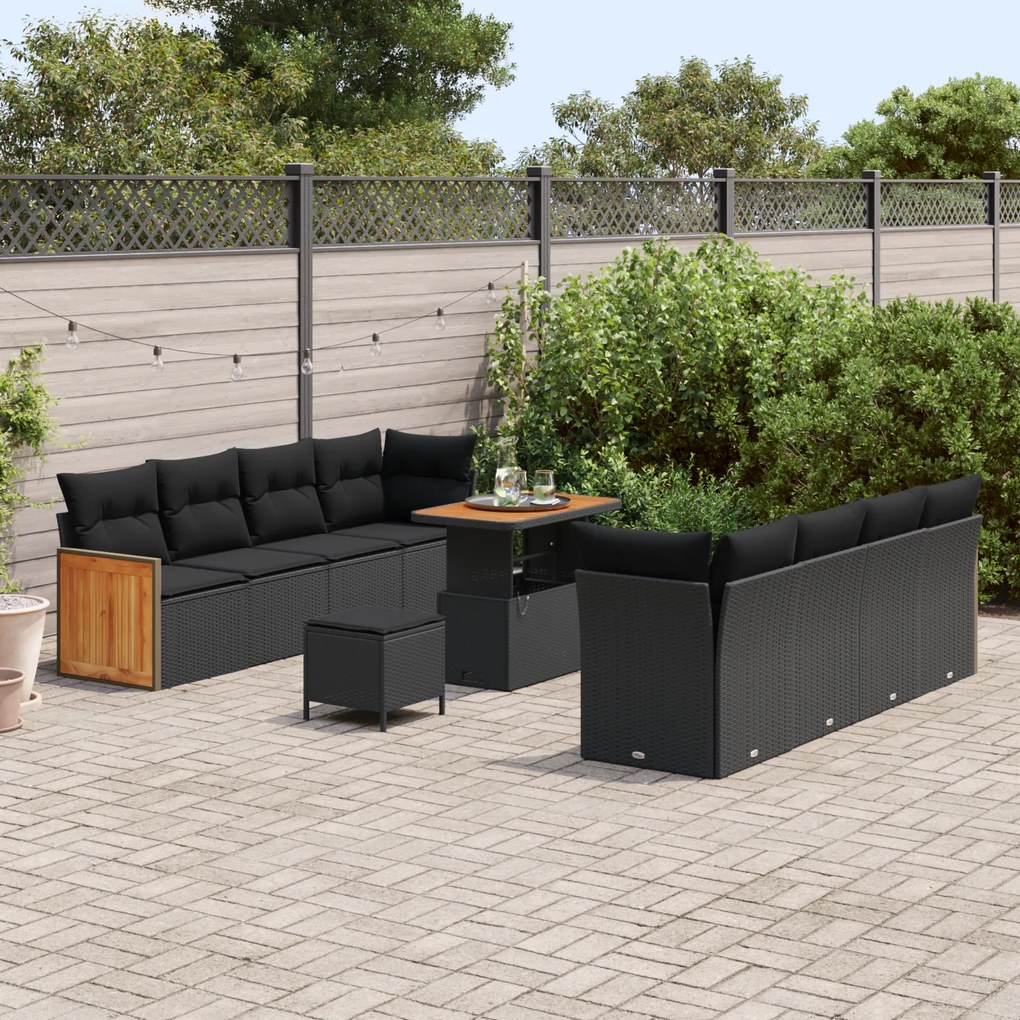 Conjunto de Sofá de Jardim vidaXL de 11 Peças com Almofadas Preto Ratt